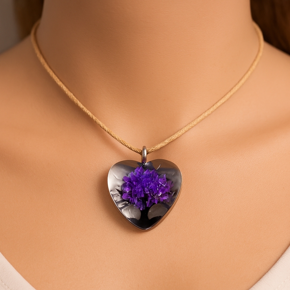 Heart-Shaped Pendant Necklace Purple Floral Tree 18" Beige Cord Fashion Jewelry